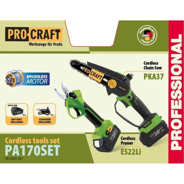 Набор Procraft PA170SET &ndash; Ножницы акум. ES22Li+ Пила цепная акум. PKA37 (1 АКБ 20/3 и зар. прист., кейс) 1511951 фото