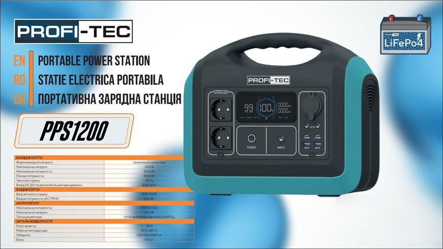 Портативная зарядная станция PROFI-TEC PPS1200 LiFePO4 1200/1500 Вт, батарея 992 Вт&middot;ч 7883836 фото