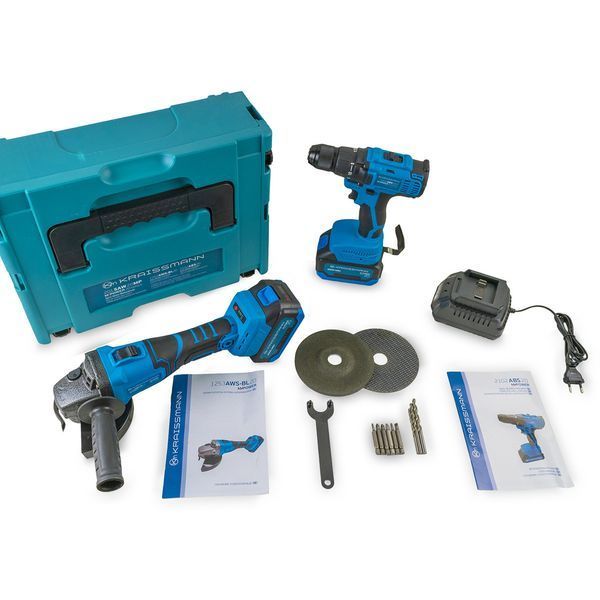 Набір KRAISSMANN 201 SAW 20MP (Акумуляторна кутова шліфмашина KRAISSMANN 1253 AWS-BL 20 MP + Шурупокрут KRAISSMANN 2102 ABS 20 MP, дві АКБ по 4000 мАг, зарядний пристрій, кейс) 6103052 фото