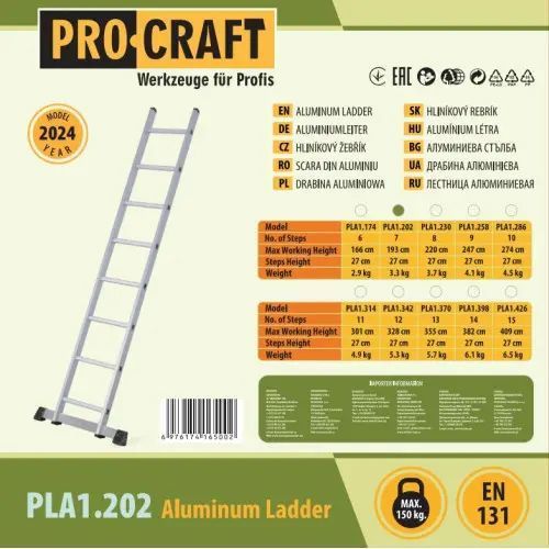 Лестница приставная алюминиевая (193 см) Procraft PLA1.202 1022525 фото