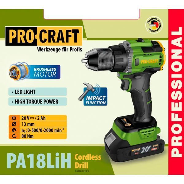 Шуруповерт Procraft PA18LiH с ударом (80 Нм, 1 АКБ и ЗУ, Кейс) 6806847 фото