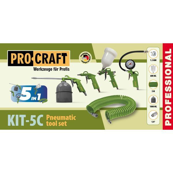 Набор аксессуаров для компрессора Procraft KIT-5C (шланг 5м, подкачка, продувка, краскопульт, мойка) 1171338 фото