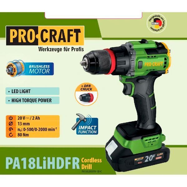 Шуруповерт Procraft PA18LiH DFR с ударом (80 Нм, 1 АКБ и ЗП, Кейс) 3607218 фото