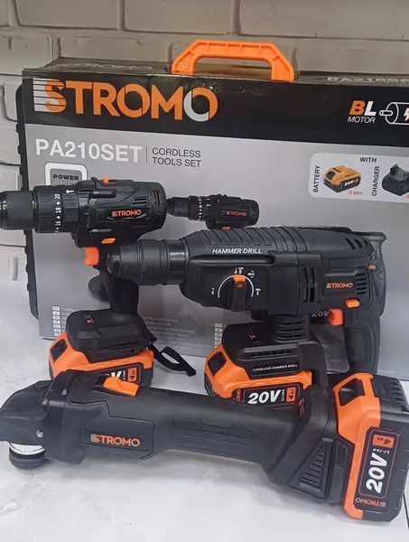 Набор инструментов STROMO PA210 SET (Болгарка, Перфоратор, Шуруповерт) 3 АКБ 20/4; 2 Зарядки 0083525 фото