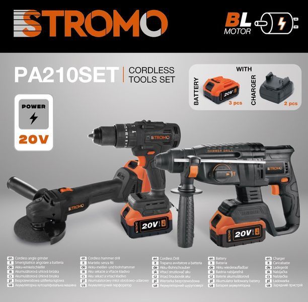 Набор инструментов STROMO PA210 SET (Болгарка, Перфоратор, Шуруповерт) 3 АКБ 20/4; 2 Зарядки 0083525 фото
