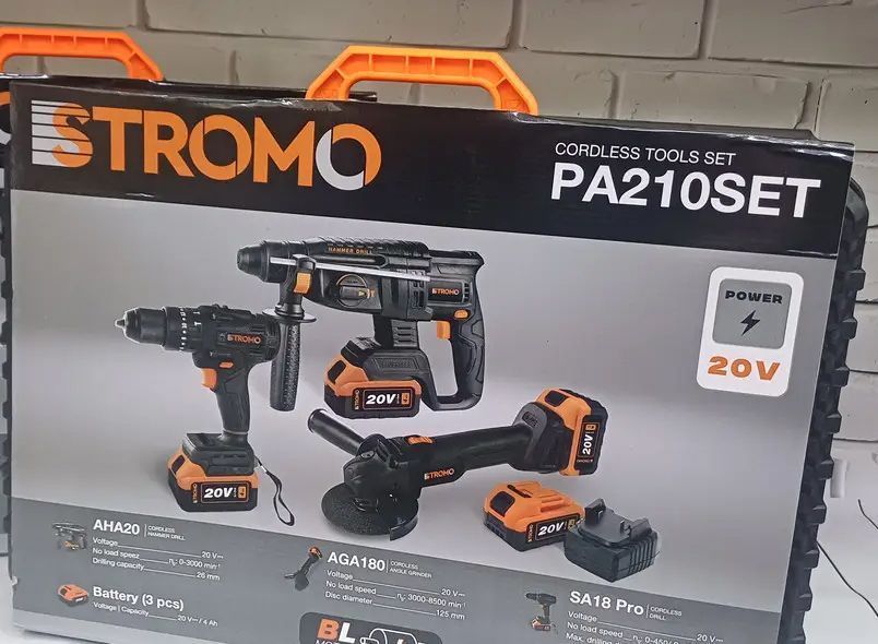 Набор инструментов STROMO PA210 SET (Болгарка, Перфоратор, Шуруповерт) 3 АКБ 20/4; 2 Зарядки 0083525 фото