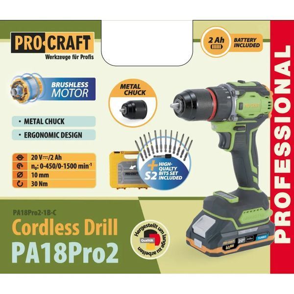 Шуруповерт Procraft PA18Pro2 (с 1 АКБ 2Ач) набор бит, кейс 6855410 фото