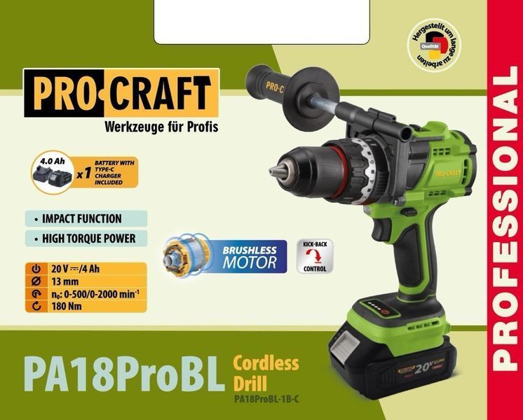 Шуруповерт Procraft PA18ProBL (1 АКБ 20/4, Кейс, 180 Нм) з ударом 8966239 фото