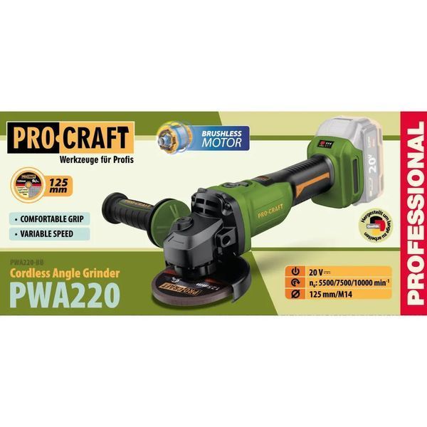 Аккумуляторная болгарка Procraft PWA220 (без АКБ и ЗУ) коробка 6379540 фото