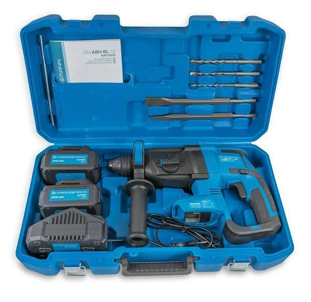 Перфоратор аккумуляторный KRAISSMANN 261 ABH-BL 20/2 MP (безщеточный мотор, две АКБ по 4000 мАч, зарядное устройство, три буры, два зубила, кейс) 3247583 фото