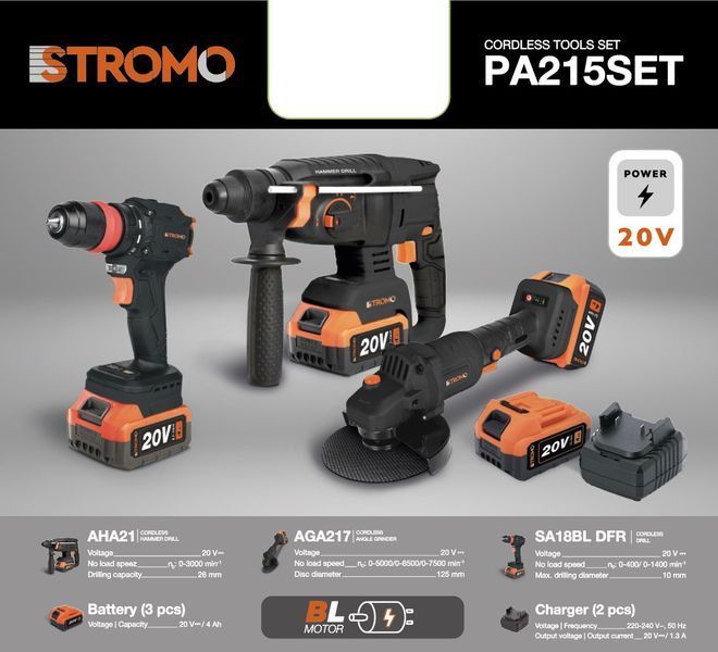 Набір акум. інструмента STROMO PA215 SET (Болгарка, Перфоратор, Шуруповерт) 3 шт АКБ 20/4 + 2 шт зар. прист. 20/2, кейс 5544103 фото