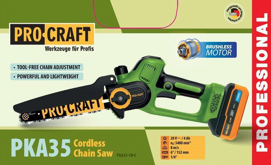 Акумуляторна пила Procraft PKA35 (1 АКБ 20/4 та зар. прист., шина 15 см) 8877932 фото