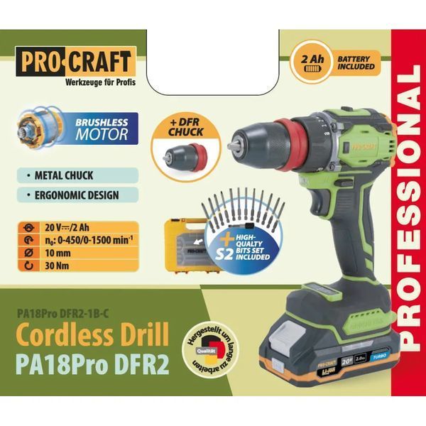 Шуруповерт Procraft PA18Pro DFR2 (з 1 АКБ 2Аг) набір біт, кейс 9394468 фото